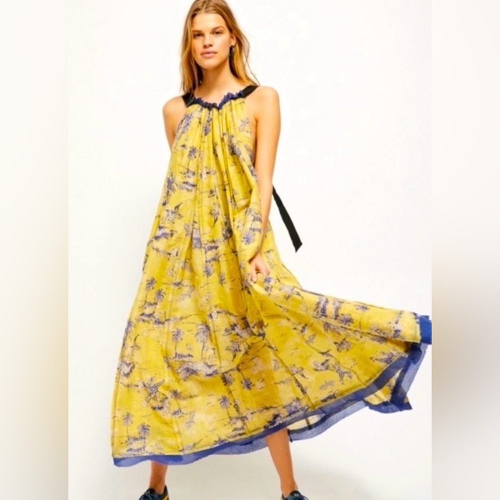 Free People Yellow Floral Maxi Dress with Blue Trim